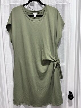 NWT Spense Lichen Green French Terry Side Tie Knot Cap Sleeve T-Shirt Dress XXL